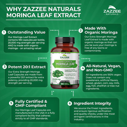 Zazzee Organic Moringa 20:1 Extract, 20,000 mg Strength, 180 Vegan Capsules, 100% Pure Oleifera Leaf Superfood, Concentrated and Standardized 20X Extract, All-Natural, Non-GMO, Made in The USA