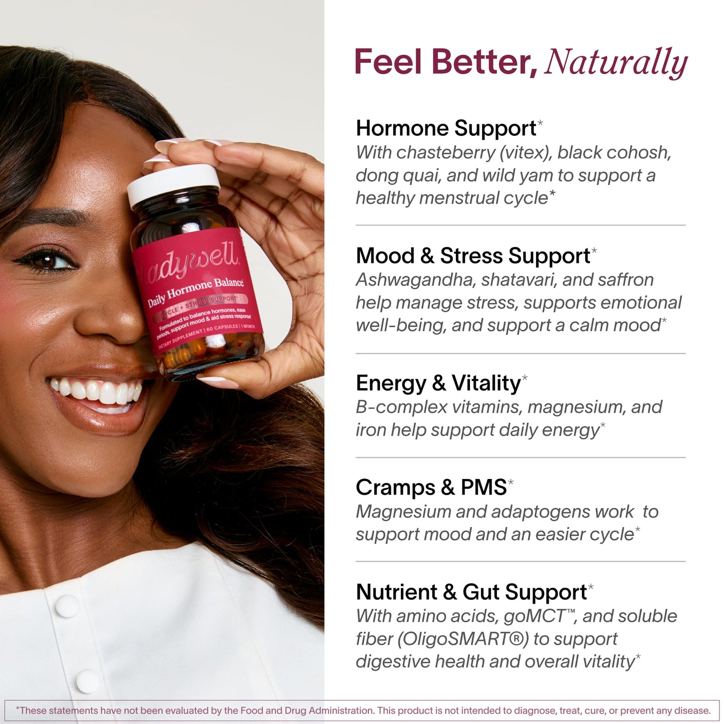 Ladywell Daily Hormone Balance Capsules - Targeted Women's Health Supplement - Adaptogens, Vitamins, Functional Mushrooms, Amino Acids - Science-Backed, Plant-Based, Naturally-Effective - 60 Capsules