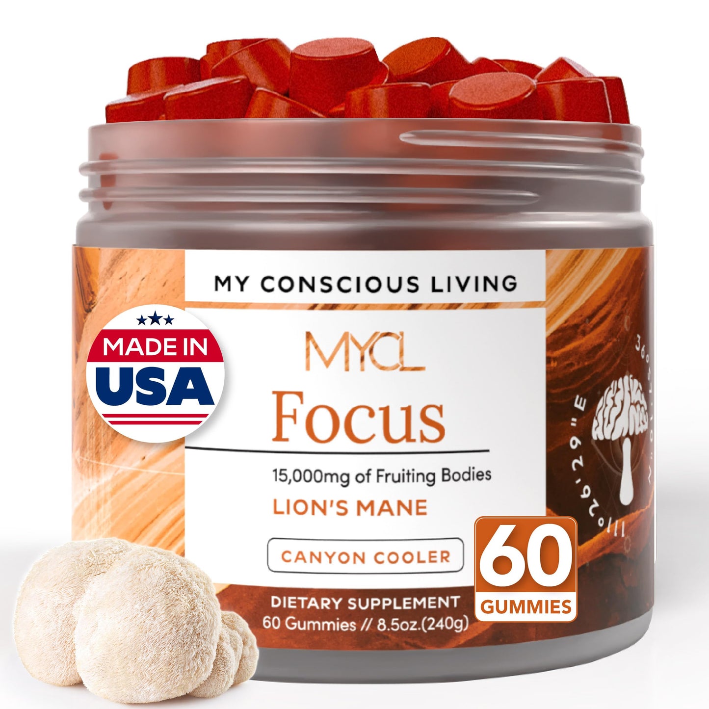 Lion’s Mane Mushroom Gummies for Focus, Memory & Clarity | 500mg Fruiting Body Extract per Serving | Brain Health & Cognitive Support | Organic, Vegan, Gluten-Free | Canyon Cooler Flavor | 30 Servings