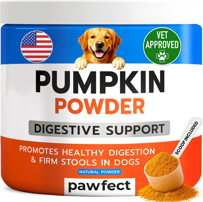 PAWFECTCHEW Pumpkin Powder for Dogs - 8oz Powdered Supplement High Fiber for Dogs Stool Softener - Treat Diarrhea, Constipation, Upset Stomach, Food Sensitivity - Improve Digestion - Made in USA