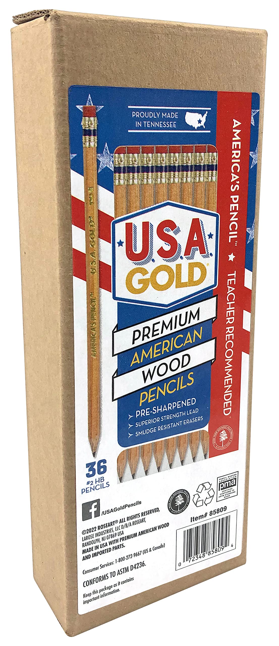 RoseArt U.S.A. Gold Pre-Sharpened American Wood Cased #2 HB Natural Pencils, 36 Pack