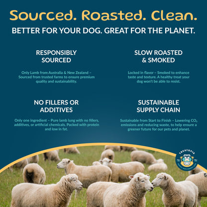 TREATOPIA Lamb Lung Filet Dog Treats - All-Natural, Sustainable, Healthy, High Protein, Hand-Trimmed, Slow-Roasted, Made in The USA, Nutritious, No Additives, No Fillers