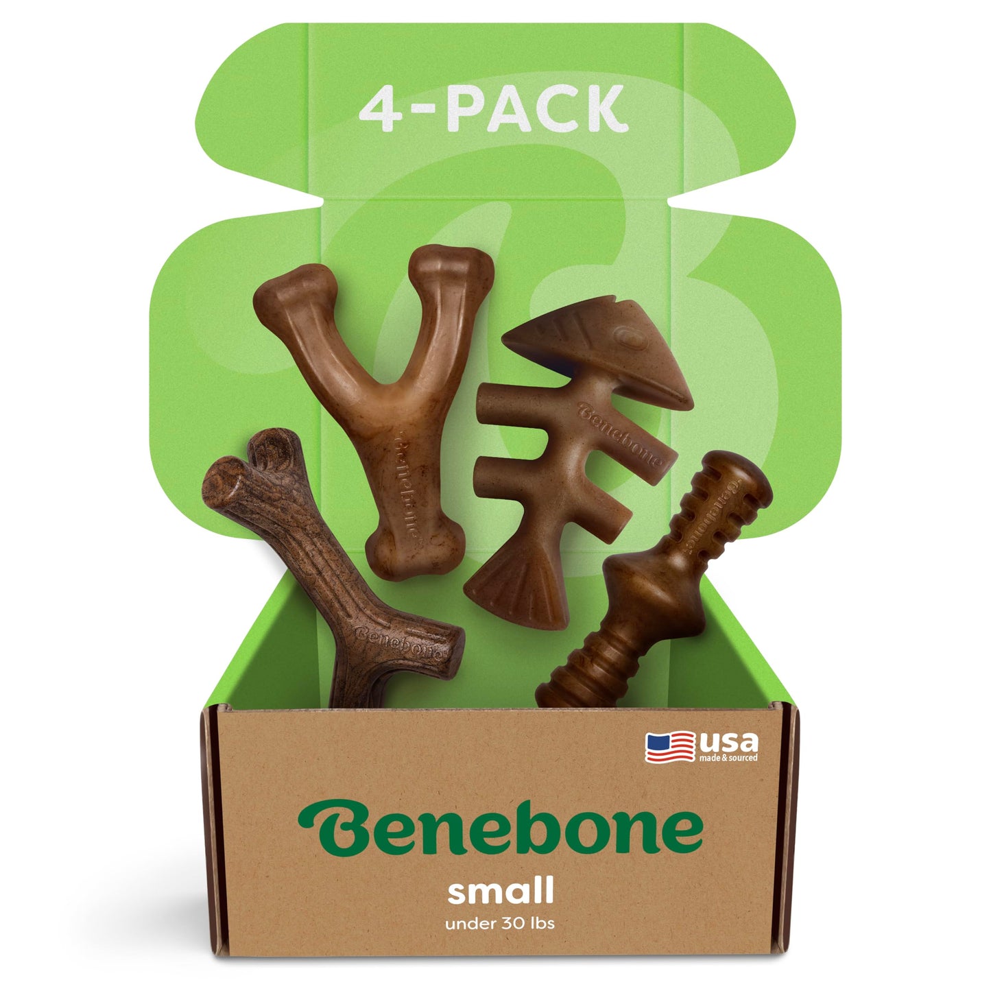 Benebone Small 4-Pack Dog Chew Toys for Aggressive Chewers, Made in USA, 30lbs and Under