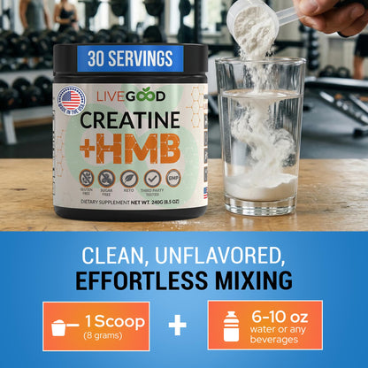 LIVEGOOD Creatine Monohydrate with HMB for Lean Muscle Growth & Recovery – HMB Creatine Powder for Men and Women – Unflavored Creatine, 30 Servings