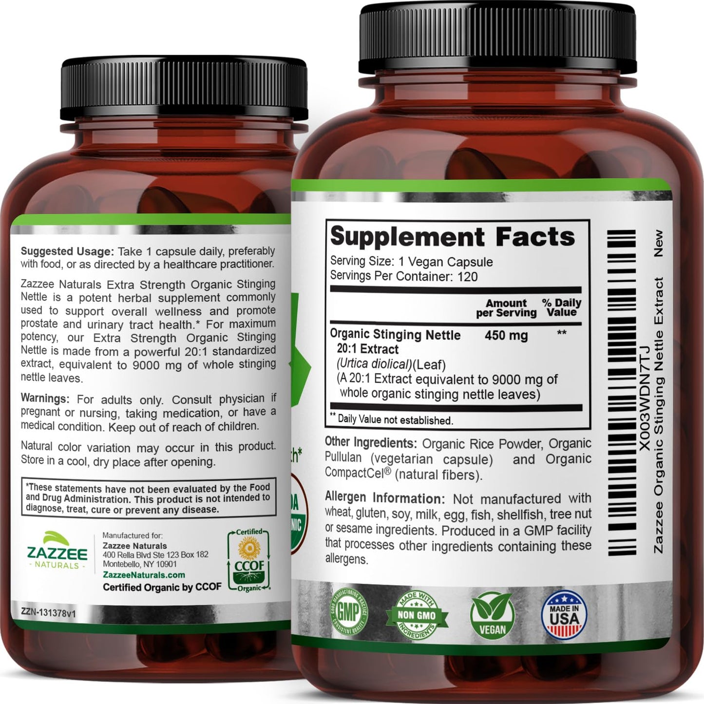 Zazzee USDA Organic Stinging Nettle 20:1 Extract, 9000 mg Strength, 120 Vegan Capsules, 4 Month Supply, Concentrated, Standardized 20X Extract, Certified Organic, 100% Vegetarian, All-Natural, Non-GMO