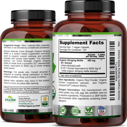 Zazzee USDA Organic Stinging Nettle 20:1 Extract, 9000 mg Strength, 120 Vegan Capsules, 4 Month Supply, Concentrated, Standardized 20X Extract, Certified Organic, 100% Vegetarian, All-Natural, Non-GMO