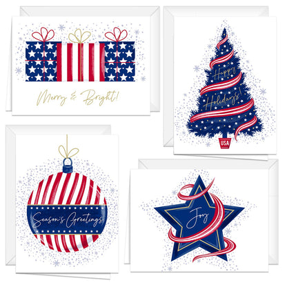 Patriotic USA Christmas New Years Cards / 24 Holiday Greeting Notecards And Envelopes/Four Seasonal American Designs/Made In The USA