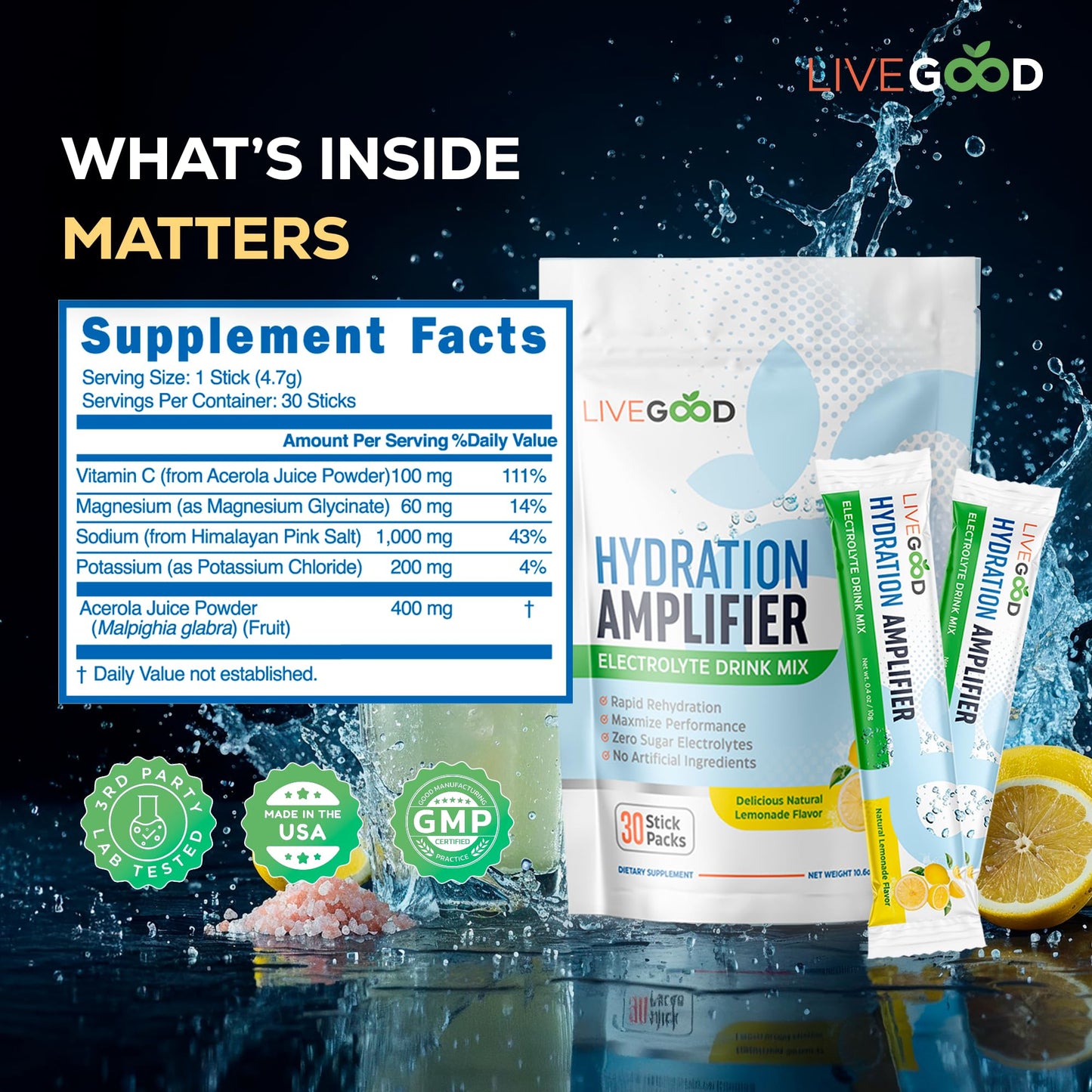 LIVEGOOD Hydration Amplifier Lemonade, Electrolyte Powder with Minerals for Hydration, Energy, Mental Focus and Muscle Support, Oral Rehydration Therapy Drink Mix for Daily Performance (Stick Packs)