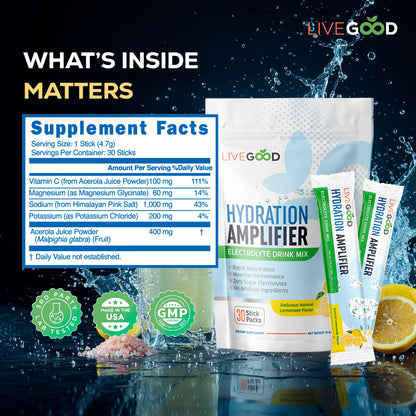 LIVEGOOD Hydration Amplifier Lemonade, Electrolyte Powder with Minerals for Hydration, Energy, Mental Focus and Muscle Support, Oral Rehydration Therapy Drink Mix for Daily Performance (Stick Packs)