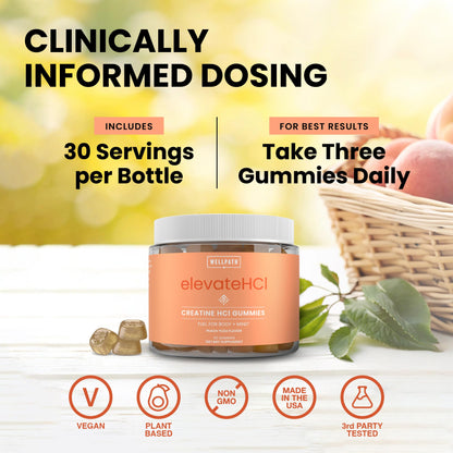 WellPath Creatine HCl Gummies 750mg – Chewable Creatine Gummies for Women and Men – 5g Creatine Monohydrate Equivalent - Cognitive & Performance Support – Vegan, Non-GMO, 90ct, Peach Yuzu Flavor