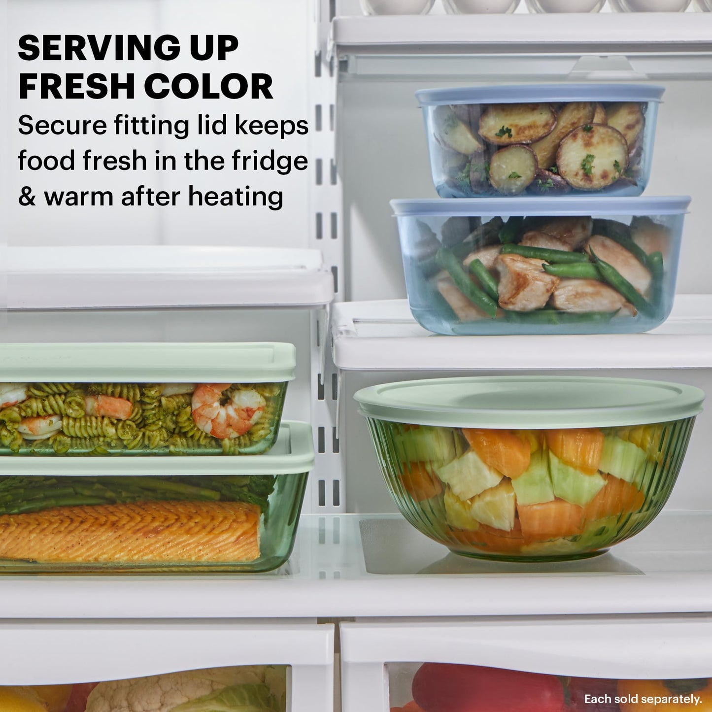 Pyrex Colors (2-Pack) Sculpted Tinted Medium/Large Glass Mixing Bowls With Lids, Nesting Space Saving Set of Bowls For Prepping and Baking, 2.3QT & 4.5QT