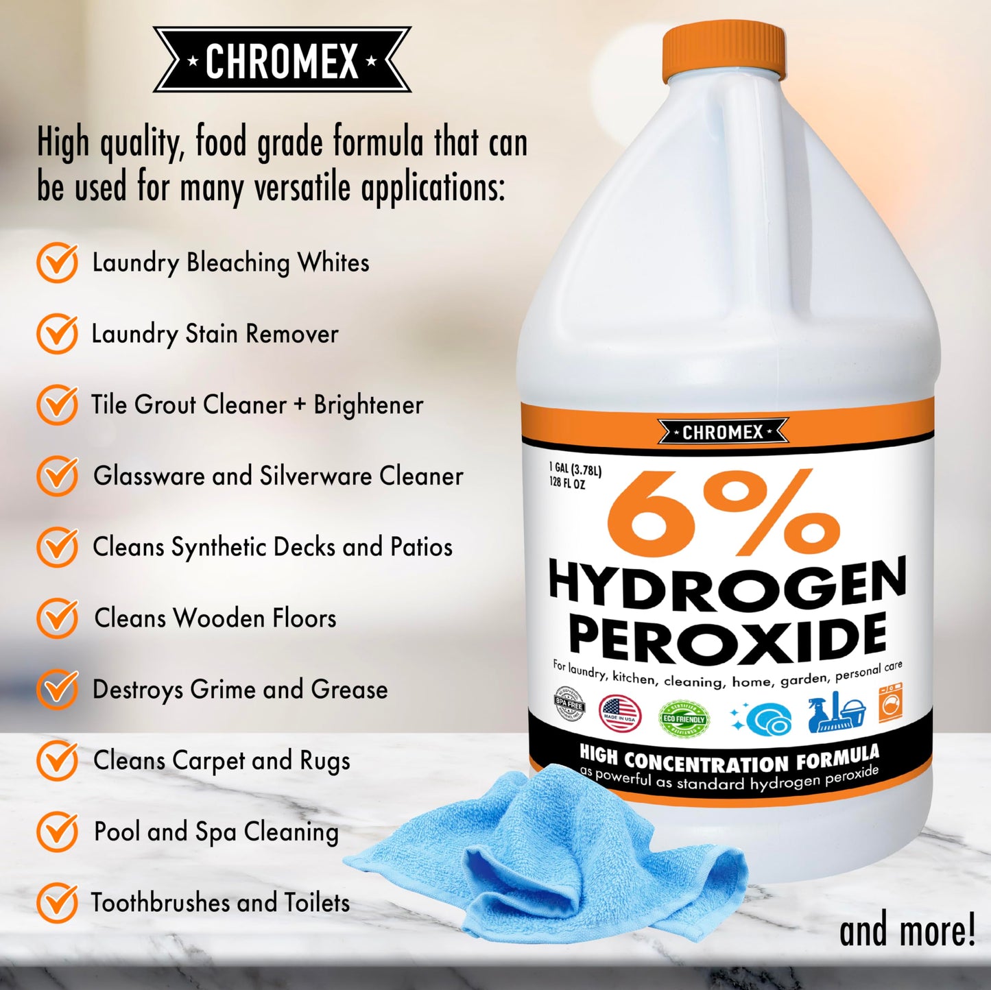 Chromex 6 Percent Hydrogen Peroxide, Food Grade, Home, Kitchen, Bath Cleaner, Laundry, Whitening (128 fl oz (Pack of 1))