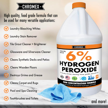 Chromex 6 Percent Hydrogen Peroxide, Food Grade, Home, Kitchen, Bath Cleaner, Laundry, Whitening (128 fl oz (Pack of 1))