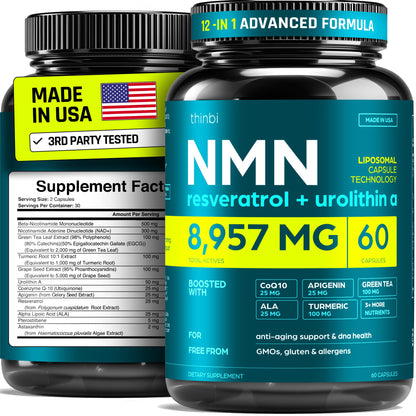 NMN Supplement 8957mg with Real NAD+ Not Just a Booster | Urolithin A, Resveratrol, CoQ10, Alpha Lipoic Acid, Green Tea Extract | Cellular Longevity & Energy Support for Men & Women