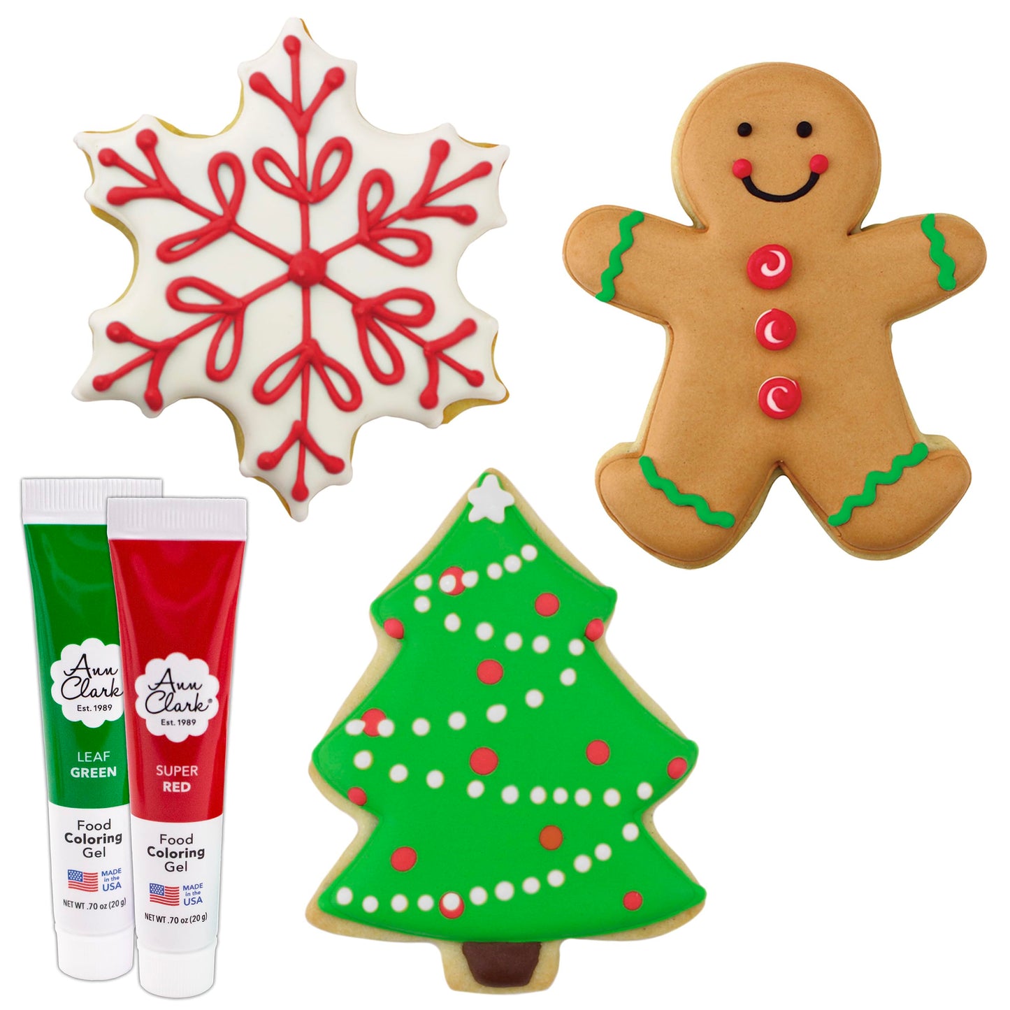Christmas Cookie Cutters and Decorating 5-Pc. Set Made in USA by Ann Clark, Snowflake, Gingerbread Man, Christmas Tree, Red & Leaf Green Food Coloring Gel