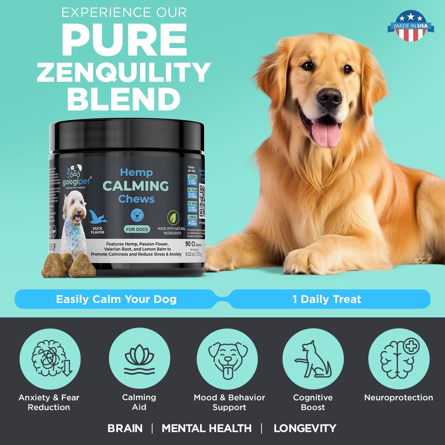 Googipet Daily Hemp Calming Chews for Dogs - Separation Anxiety Relief for Dogs, Non-Drowsy Dog Calming Chews - Anxiety Relief Treats with Valerian Root, & Hemp