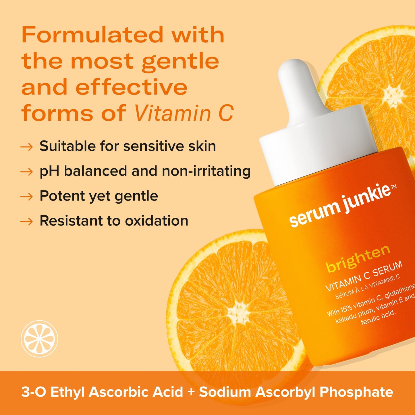 serum junkie BRIGHTEN 15% Stabilized Vitamin C Serum with Glutathione, Ferulic Acid, Hexylresorcinol, Kakadu Plum, Vitamin E, Brightening, Glowing Skin, Anti-Aging 1 fl oz