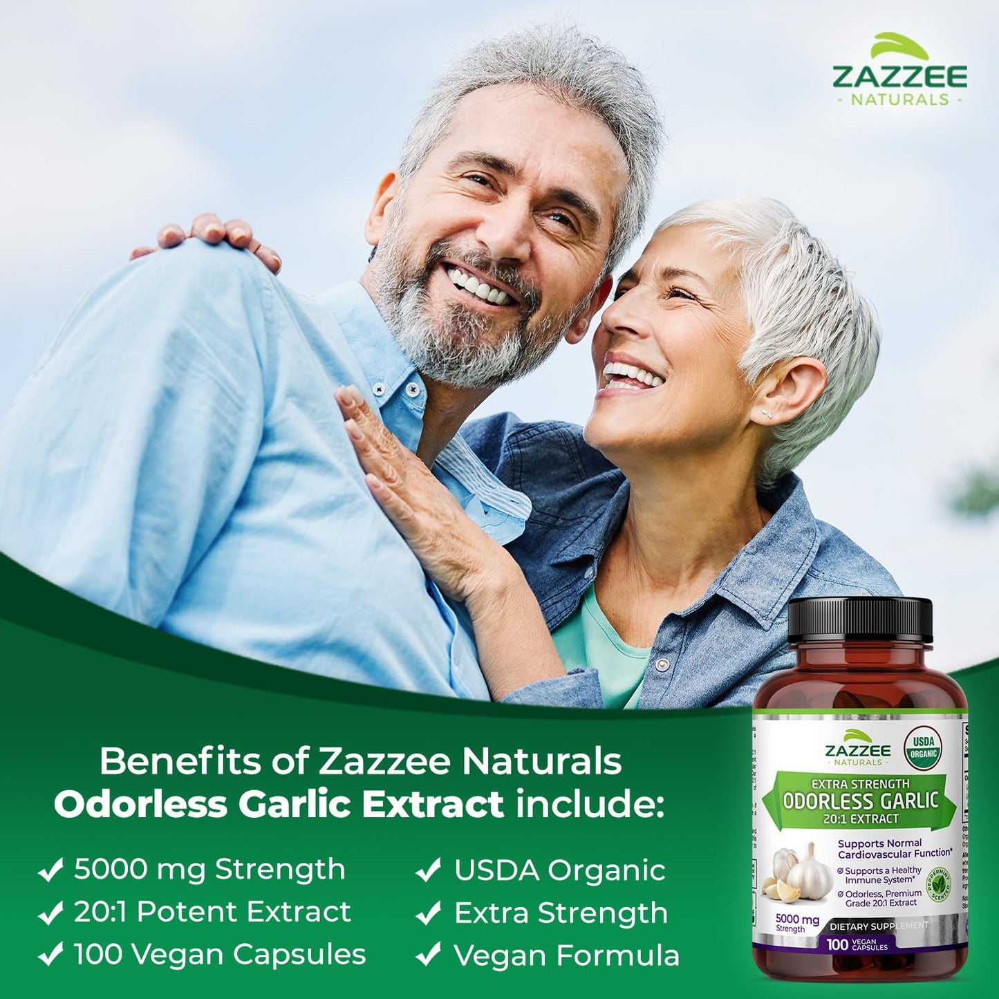 Zazzee USDA Organic Odorless Garlic 20:1 Extract, 5000 mg Strength, 100 Vegan Capsules, 3+ Month Supply, Standardized, Concentrated 20X Extract, 100% Vegetarian, All-Natural, Non-GMO, Made in The USA