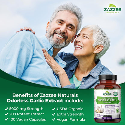 Zazzee USDA Organic Odorless Garlic 20:1 Extract, 5000 mg Strength, 100 Vegan Capsules, 3+ Month Supply, Standardized, Concentrated 20X Extract, 100% Vegetarian, All-Natural, Non-GMO, Made in The USA