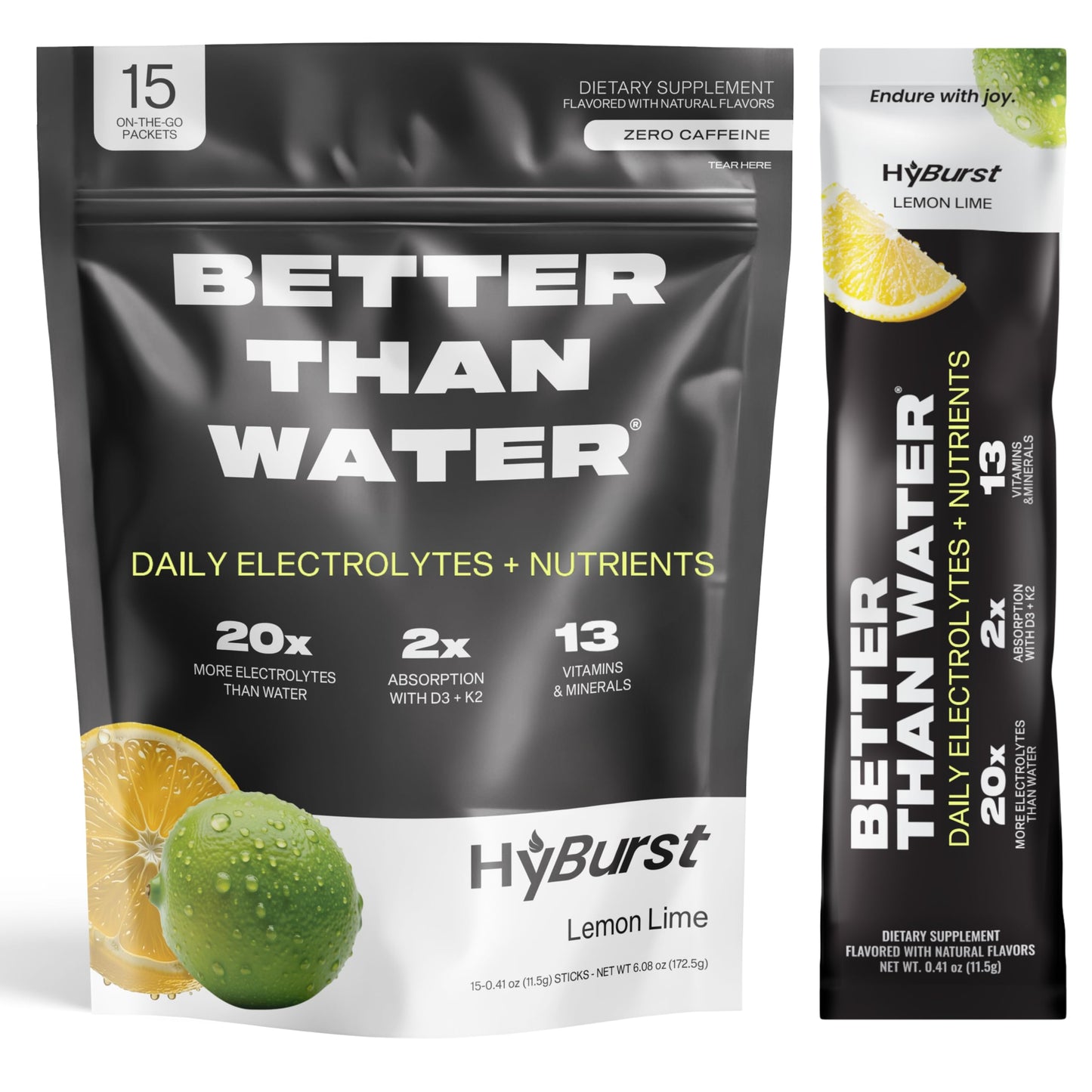 Hyburst Electrolyte & Vitamin Supplement Powder, Drink Mix with B12, L-Theanine, D3, K2, Zinc, Magnesium, Potassium, Supports Calm Focus & Energy, Lemon Lime, 15 Pack