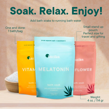 Latika Soaks Set of 3 - Wildflower, Melatonin, Vitamin C - Moisturizing Bath Soak with Epsom Salt & Essential Oils for Stress Relief, Muscle Recovery, & Relaxation - at-Home Spa