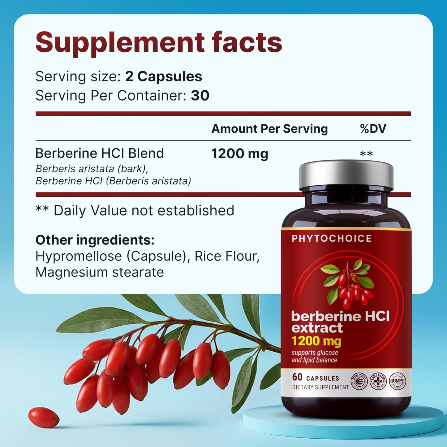 Pure Berberine HCl 1200mg – High Absorption Berberine Supplement for Metabolic Health, Advanced Glucose Metabolism Support, Digestive & Gut Balance, Cellular Energy, Vegan, Non-GMO, Made in USA