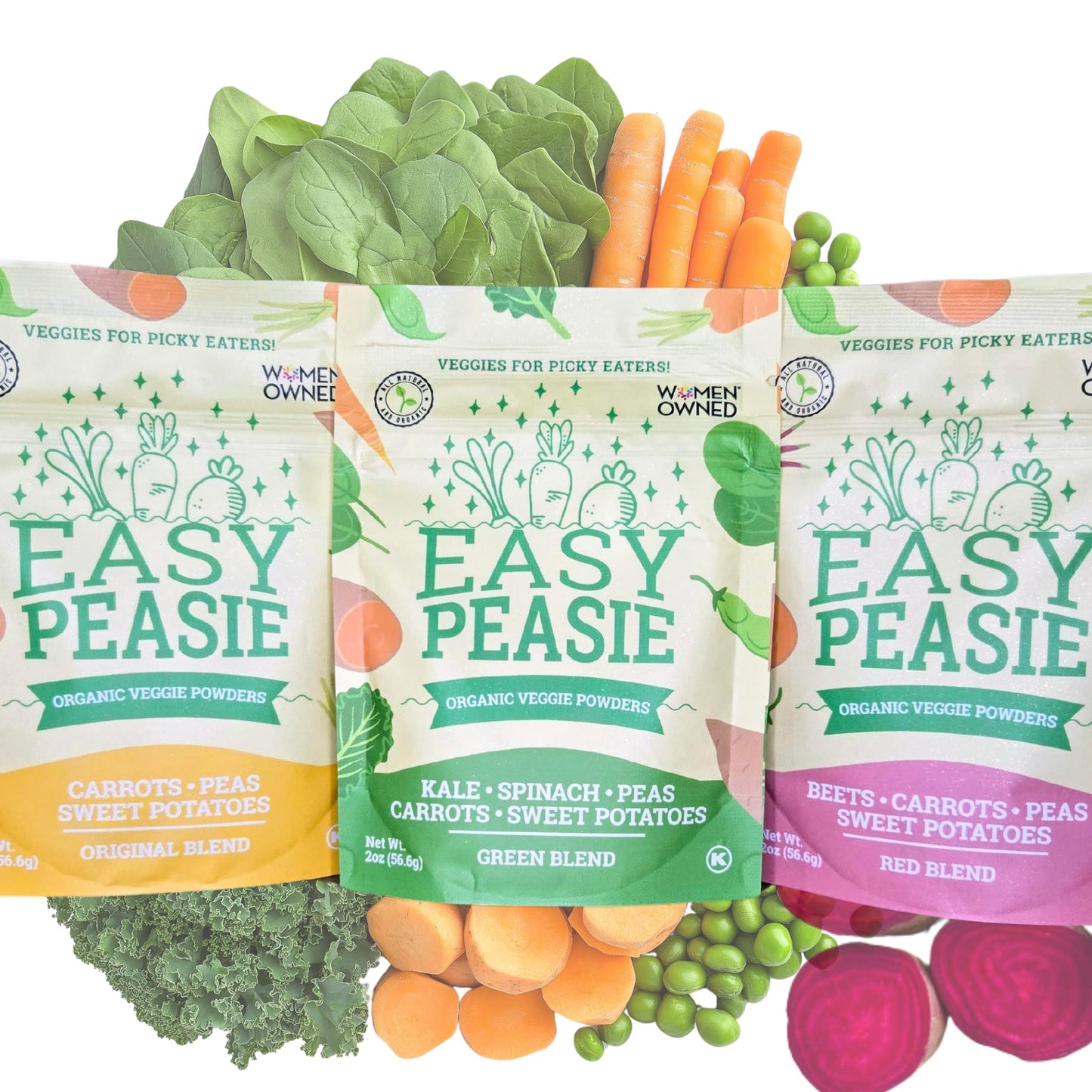 Easy Peasie Organic Veggie Powder Blends for Kids and Picky Eaters | Hidden Vegetable Powder Additive for Meals and Smoothies (3-Pack Pouches: Green, Red, and Original - each 2oz)