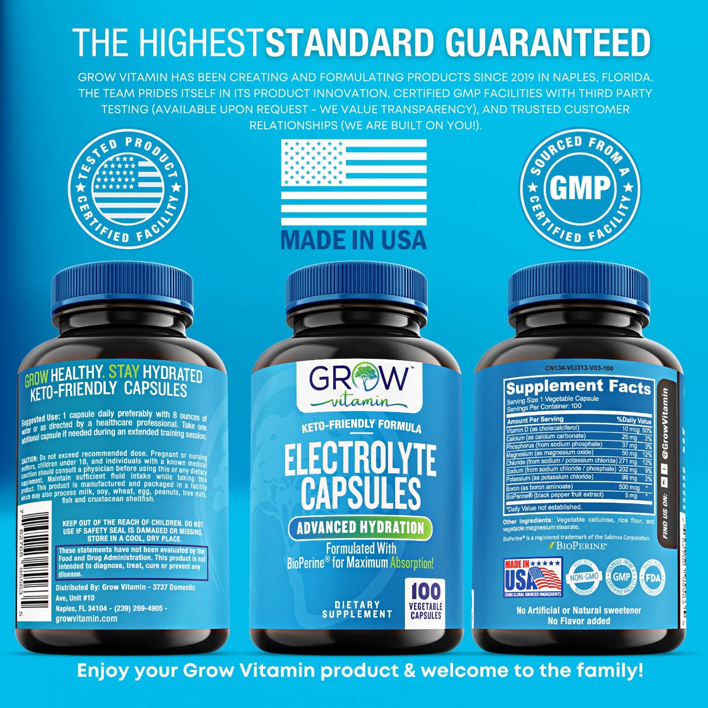 grow vitamin Electrolyte Capsules – Sugar-Free Electrolyte Tablets for Energy, Endurance & Hydration. Keto-Friendly Salt Pills, No Maltodextrin. Perfect for Fitness & Daily Hydration – 100 Caps
