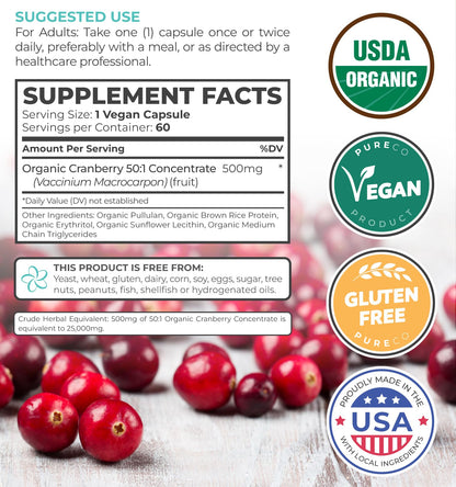 Organic Cranberry Pills - 50:1 Concentrate Equals 25,000mg of Fresh Cranberries (Vegan) for Urinary Tract Health & Kidney Cleanse - Cranberry Pills for Women - UTI Support Supplement - 60 Capsules