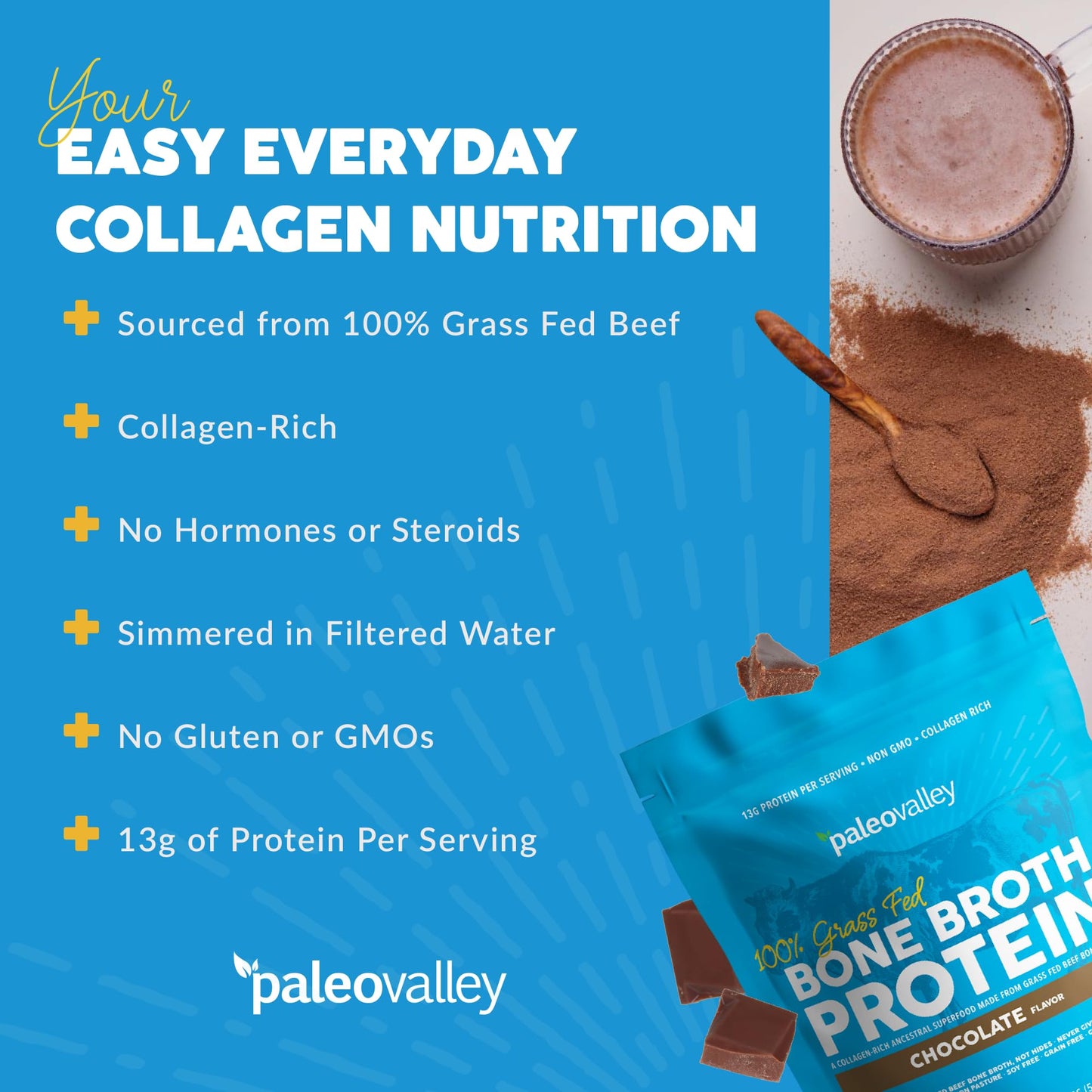 Paleovalley 100% Grass Fed Bone Broth Protein Powder - Chocolate - Rich in Collagen for Hair, Skin, Gut Health, Bone and Joint Support - 28 Servings