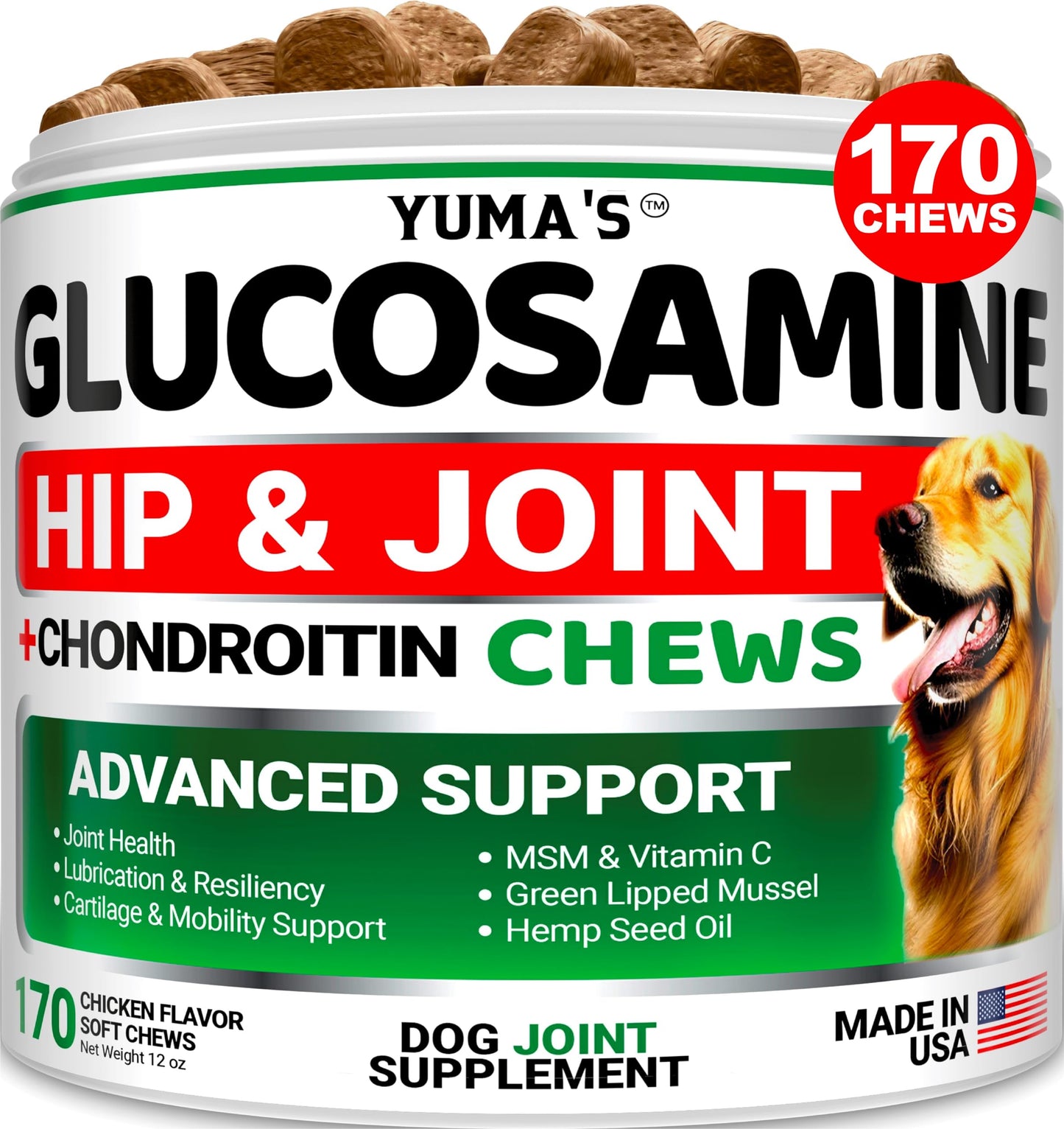 YUMA'S Glucosamine for Dogs - Hip and Joint Supplement for Dogs - Glucosamine Chondroitin Chews - Joint Pain Relief Supplement with MSM - Advanced Health - Mobility Support - Made in USA