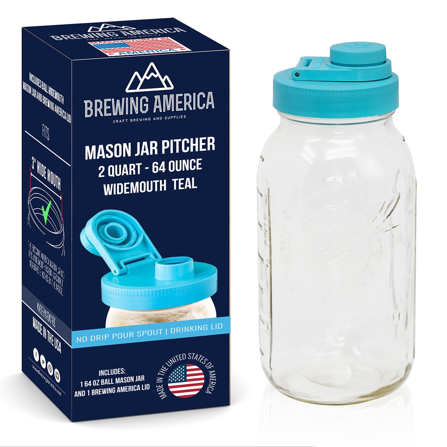 2qt Mason Jar, Lids and Labels (Teal): American-Made Mason Jar, 4 Reusable Lid Set, 250 Dissolvable Label Stickers: All American-Made