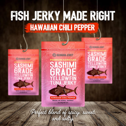 Kaimana Ahi Tuna Jerky Hawaiian Chili Pepper - Soft and Tasty - Premium Fish Jerky Made in the USA. High in Omega 3's, All Natural and Wild Caught - 2 Ounce (Pack of 3)