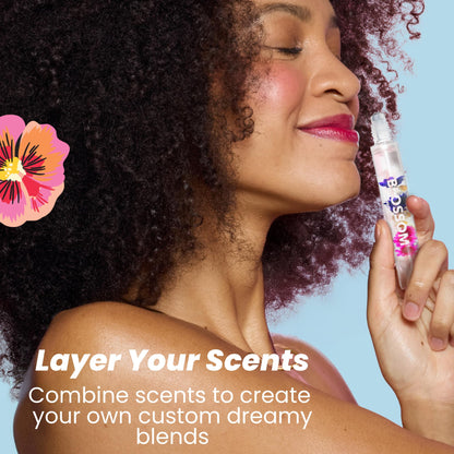Blossom Roll on Perfume for Women Alcohol Free Rollerball Perfume Oil with Essential Oils, Infused with Real Flowers, Made in USA, 0.3oz, 3 pack Mini Gift Set, Hibiscus/Honey Jasmine/Rose