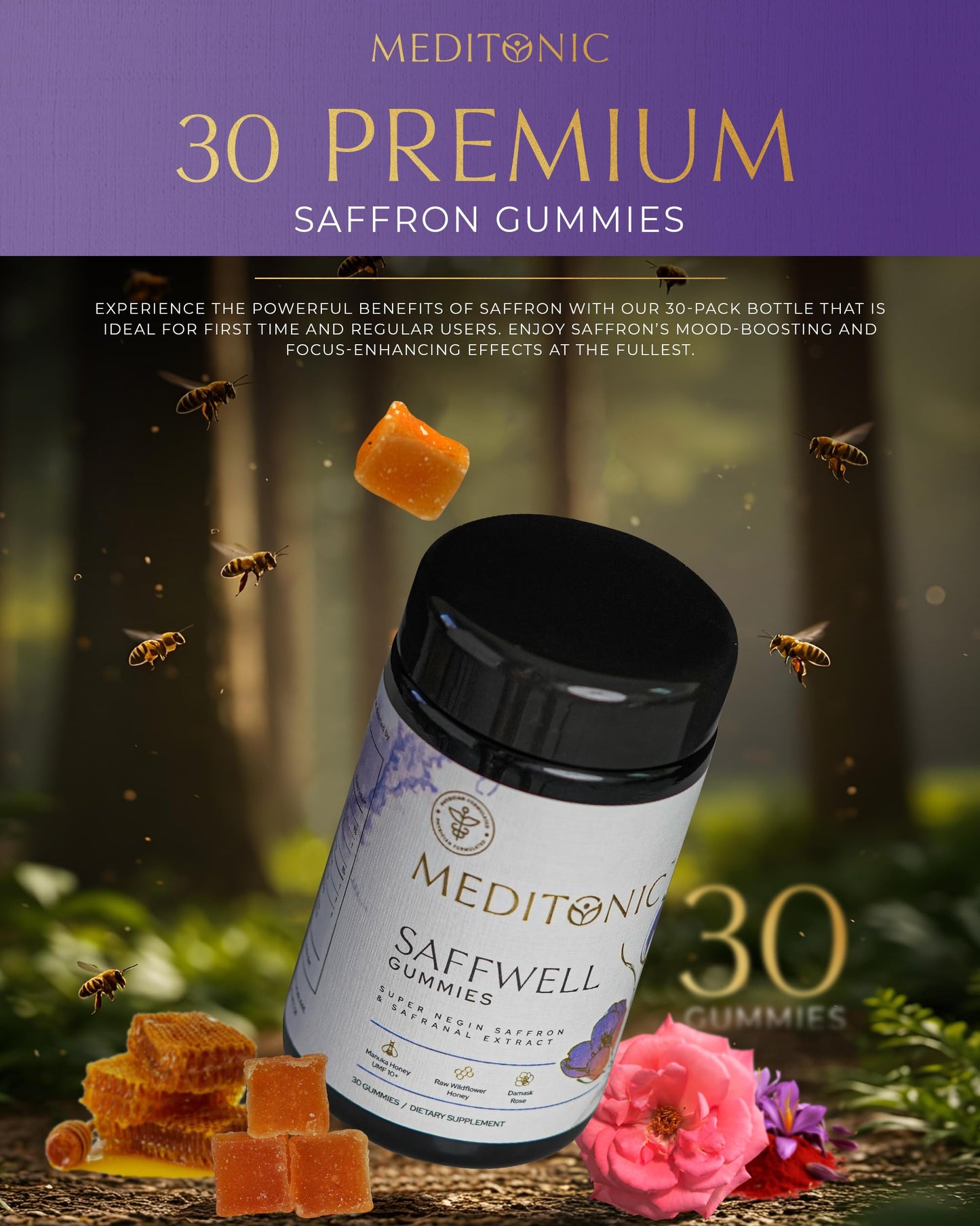 MEDITONIC™ Saffwell Gummies | Super Negin SAFFRON & Safranal | Mood, Vision, Focus Enhancer | 30 Premium U.S Made Gummies | Guranteed Superior American Made Quality