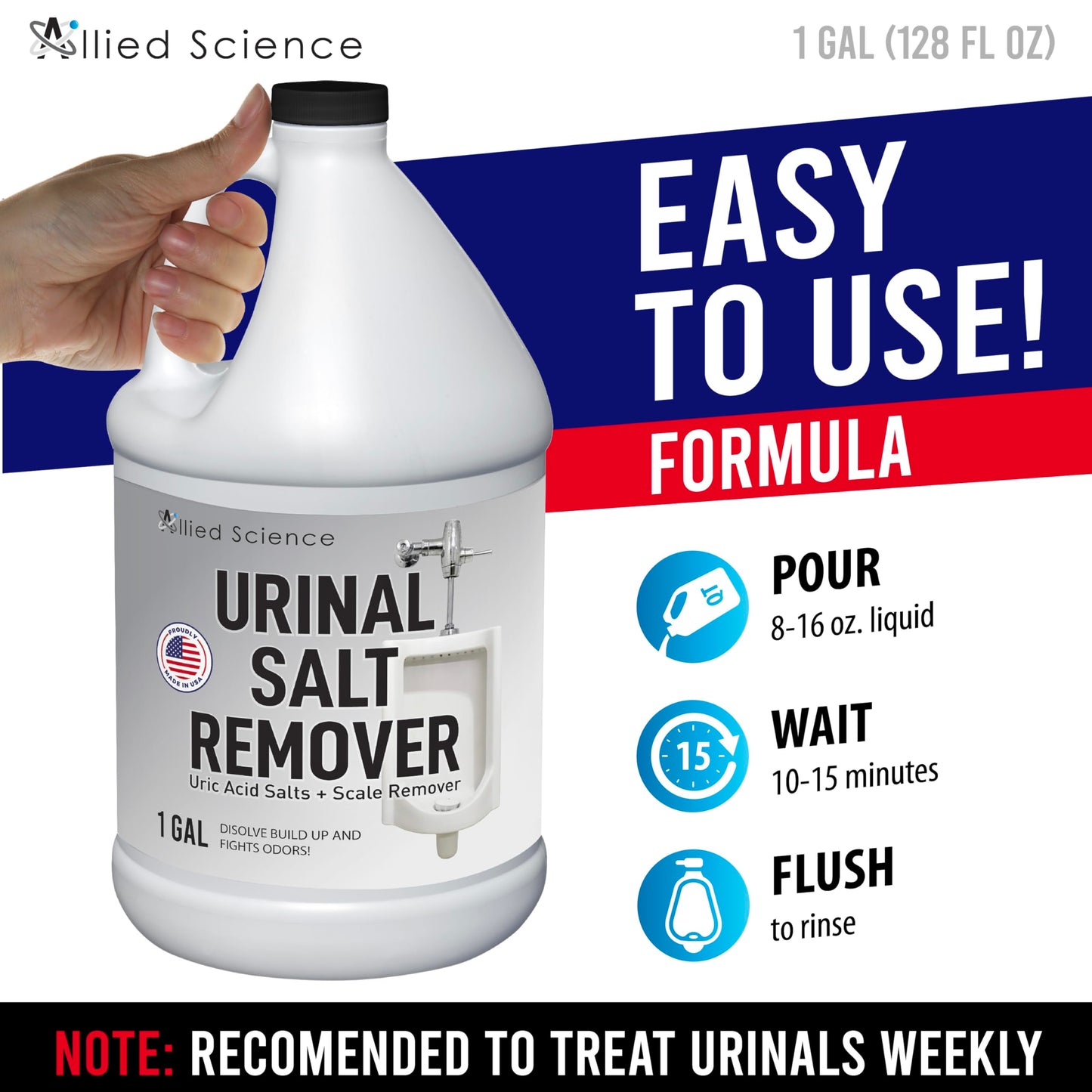 Allied Science Urinal Salt Remover - Uric Acid Salts Scale Remover Unclogs Urinals and Removes Uric Acid Odors - 1 Gallon / 128 fl oz