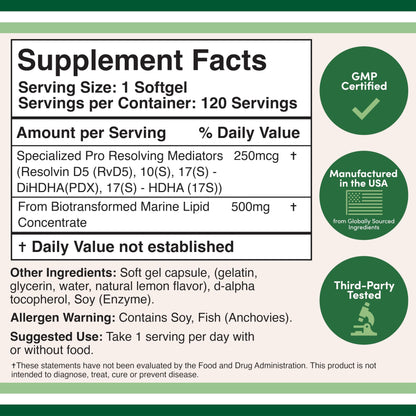 SPM Max (Specialized Pro-Resolving Mediators) 120 Softgels, 500mg (Only Product Standardized and Third Party Tested to Contain Active SPMs, Check The Supplement Fact Panel) by Double Wood