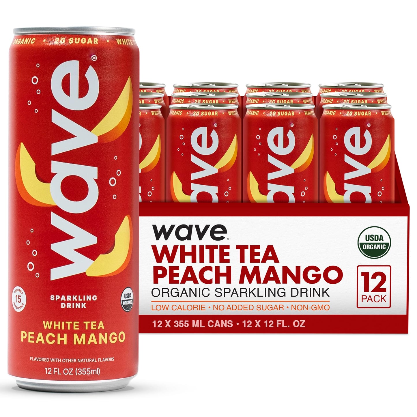 WAVE Organic Sparkling Drink | Low Calorie Drink, Peach Mango Lightly Carbonated | Great Natural Soda Alternative | USA Made Kosher No Added Sugar, Color, & Artificial Ingredients |12 Pack