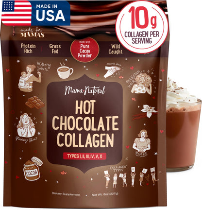 Mama Natural Hot Chocolate Multi Collagen Protein Powder, Made with Organic Cacao, Types 1, 2, 3, 4, 5, 10 Collagen Peptides Powder - Grass Fed Beef, Wild Fish Marine & USA Eggshell - 16 Servings