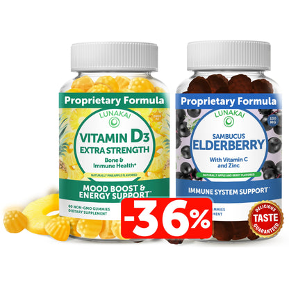 Lunakai Vitamin D3 and Elderberry Gummies Bundle - Immunity, Bone and Mood Support Supplement for Adults & Kids - Non-GMO, No Corn Syrup, All Natural Gummy