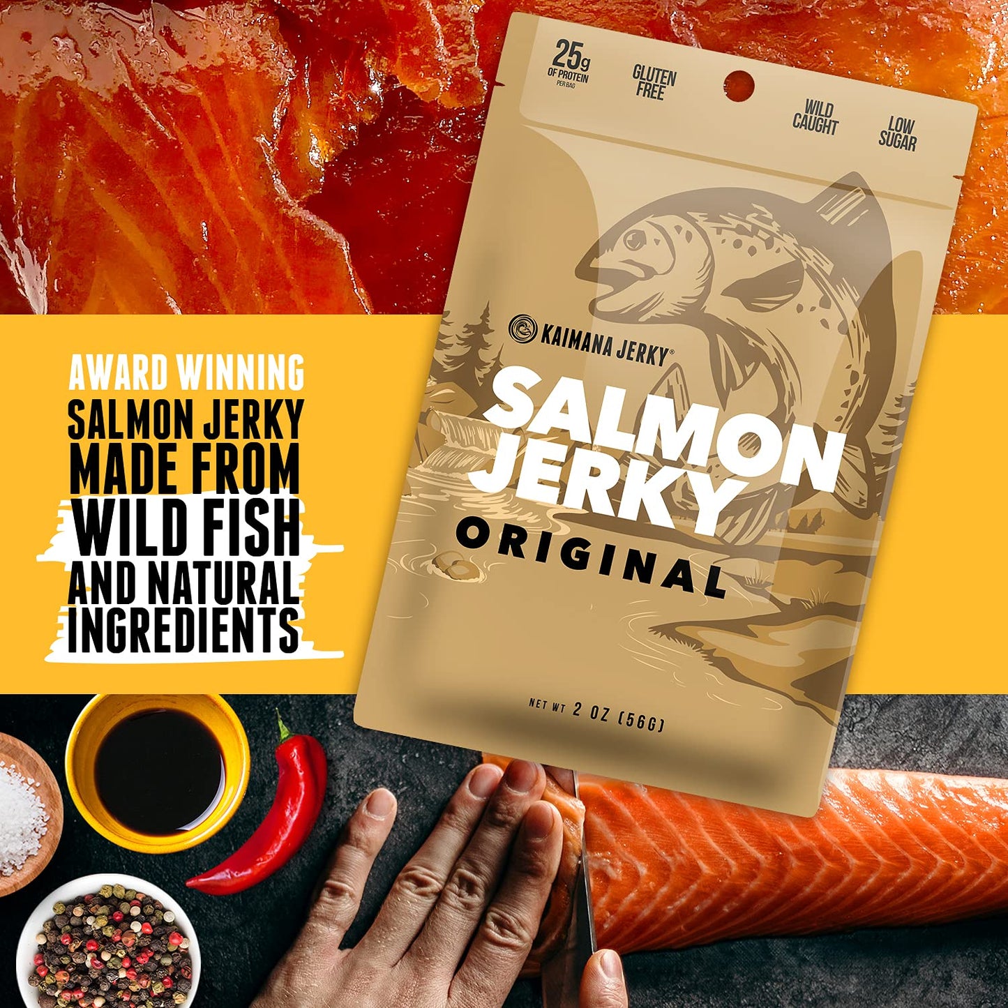 Kaimana Jerky Wild Caught Salmon Jerky - Organic Gourmet Smoked Dried Fish Strips Rich in Omega-3 & Protein - Low-Calorie Seafood Snack with No Gluten, Less Sodium & Sugar - Original Flavor - 3/2oz Pack