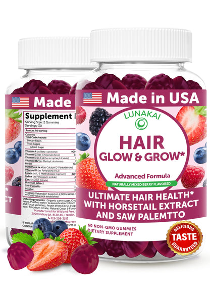 Lunakai USA Made Super Hair Gummies with Biotin, Zinc, Horsetail Extract & Saw Palmetto - Hair Growth Vitamins for Women & Men – Supports Thicker, Longer, Stronger Tresses, Skin & Nails, 60ct