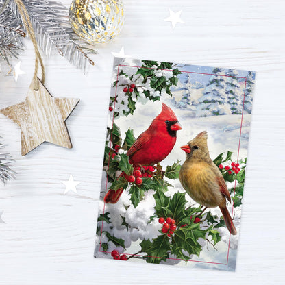 Masterpiece Cardinal Couple Christmas Cards / 16 Festive Holiday Cards With Coordinating White Envelopes Set / 5 5/8" x 7 7/8" Winter Cardinals Greeting Cards With Inside Verse/Made In The USA