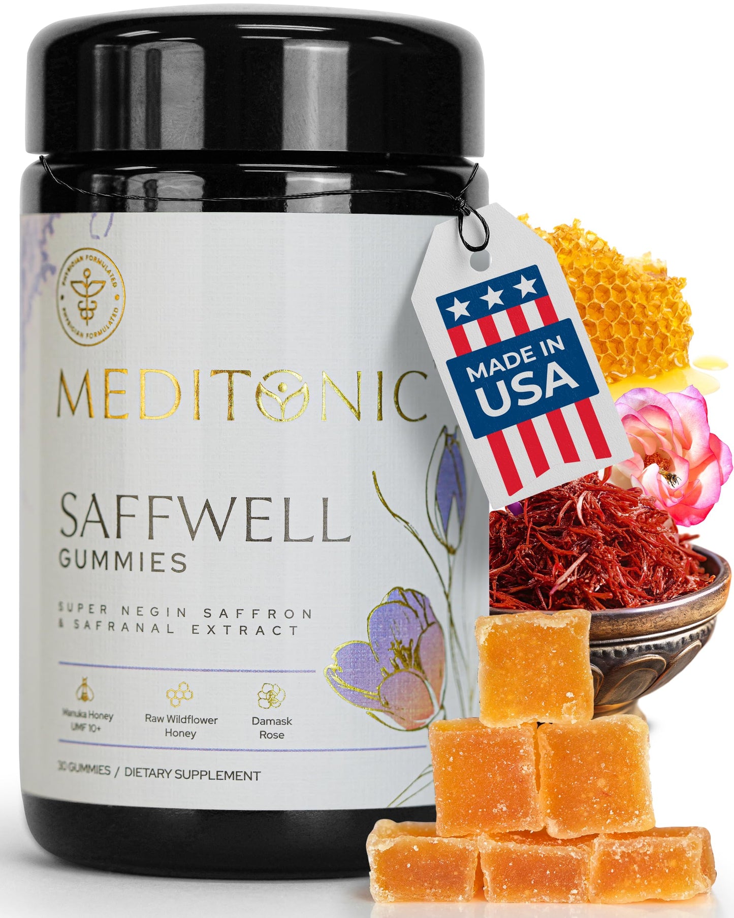 MEDITONIC™ Saffwell Gummies | Super Negin SAFFRON & Safranal | Mood, Vision, Focus Enhancer | 30 Premium U.S Made Gummies | Guranteed Superior American Made Quality