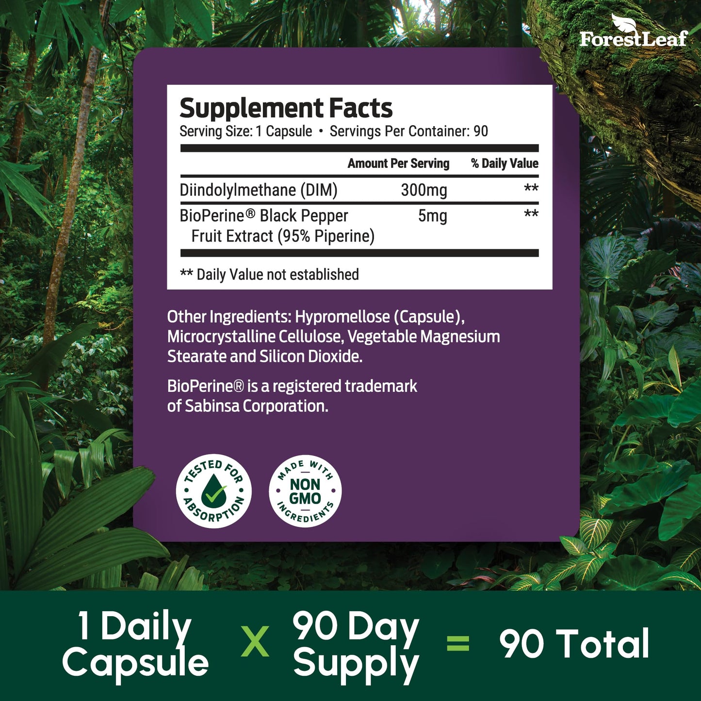 ForestLeaf DIM Supplement - 300mg DIM Estrogen Supplement for Women/Men - Diindolylmethane with BioPerine Black Pepper - Support for Detox, Metabolism, Hormone Balance & Menopause - 90 Caps