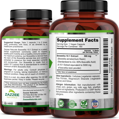 Zazzee Extra Strength Boswellia Serrata 10:1 Extract, 5000 mg Strength, 65% Boswellic Acid, 180 Vegan Capsules, 6 Month Supply, Standardized 10X High Potency, 100% Vegetarian, All-Natural, Non-GMO