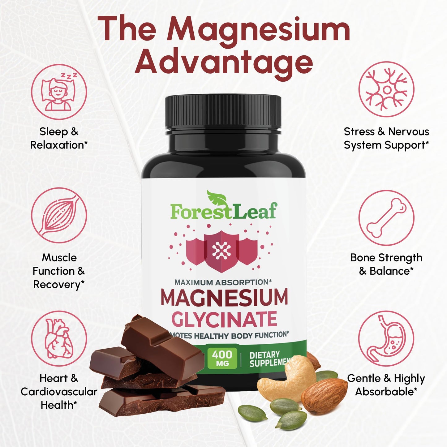 Pure Magnesium Glycinate 400mg Serving - High Absorption Magnesium Glycinate - Mag Bisglycinate for Stress, Bones, Muscles, Nerves, Relaxation & Heart Health, Non GMO & Gluten Free - 180 Capsules