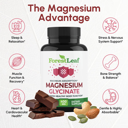Pure Magnesium Glycinate 400mg Serving - High Absorption Magnesium Glycinate - Mag Bisglycinate for Stress, Bones, Muscles, Nerves, Relaxation & Heart Health, Non GMO & Gluten Free - 180 Capsules