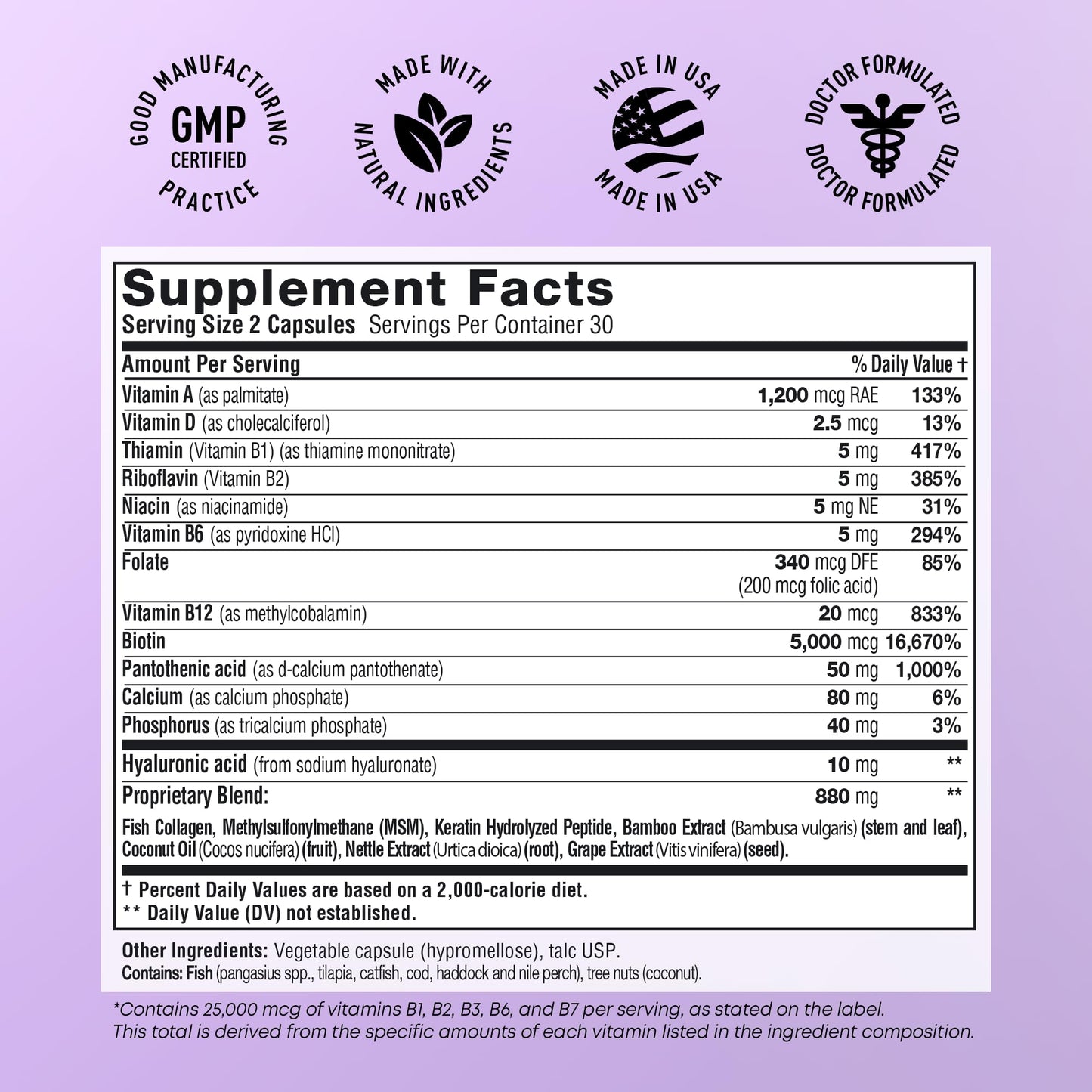 Biotin and Collagen Supplements with Keratin - Hair Vitamins - Hair Skin & Nails Vitamins with Biotin, Collagen, B Complex - Made in USA - Biotin Supplement for Strong Hair, Skin & Nails - 60 Capsules