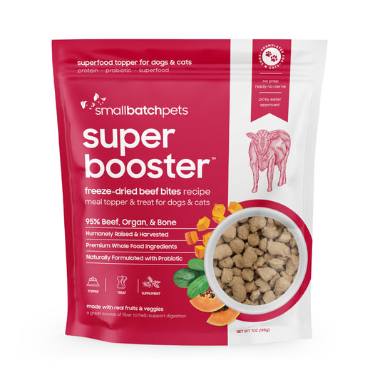 smallbatch Freeze Dried Dog Treats, Superfood Food Topper Beef Bites for Dogs & Cats, Probiotics, Organic Ingredients, High Protein, Grain Free Healthy Treat Food Topper, Made in The USA, 7 oz Bag